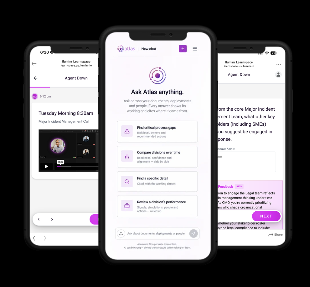 Atlas on mobile: a Learnspace video inject, the Ask Atlas anything screen, and real-time feedback during practice
