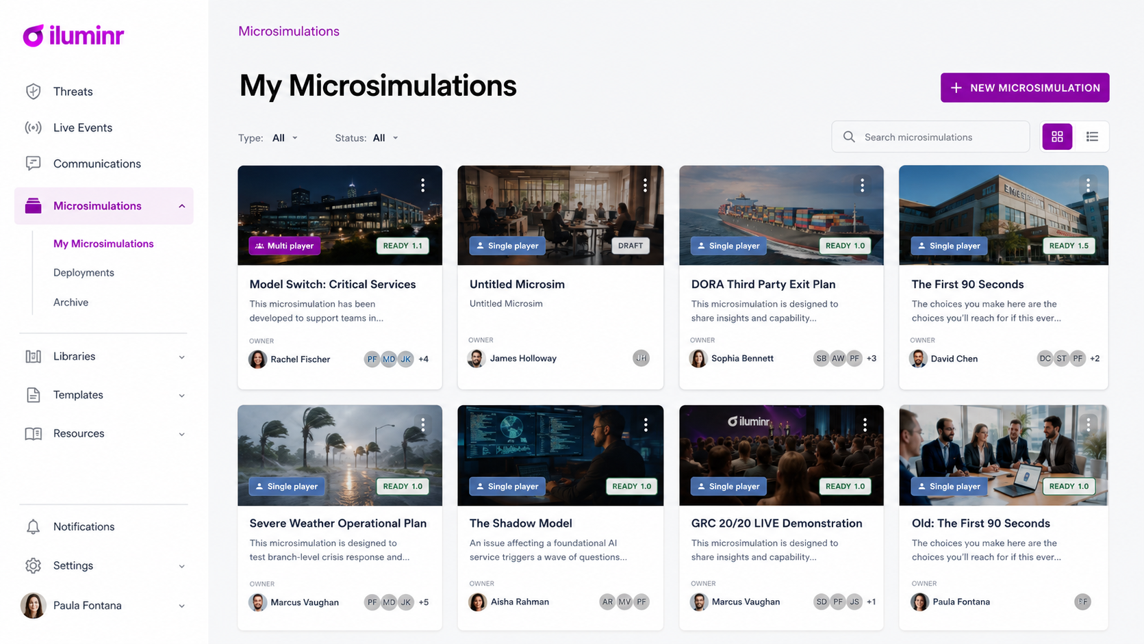 The iluminr platform showing a library of Microsimulations with single-player and multiplayer formats