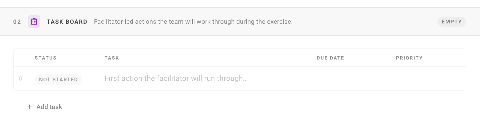 Task board in the builder: facilitator-led actions with status, due date and priority